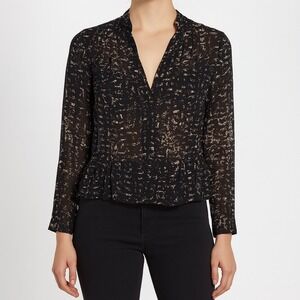 Eliot Silk Blouse Womens Small Black Beige Abstract‎ Print Long Sleeve Top
